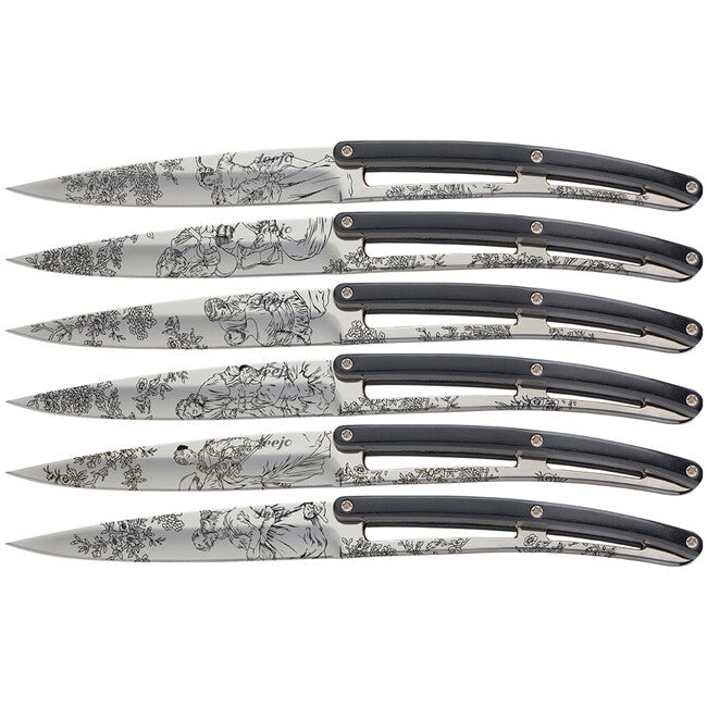 Deejo Set of 6 Knives Shiny Blade Black ABS Handle Toile de Jouy Design