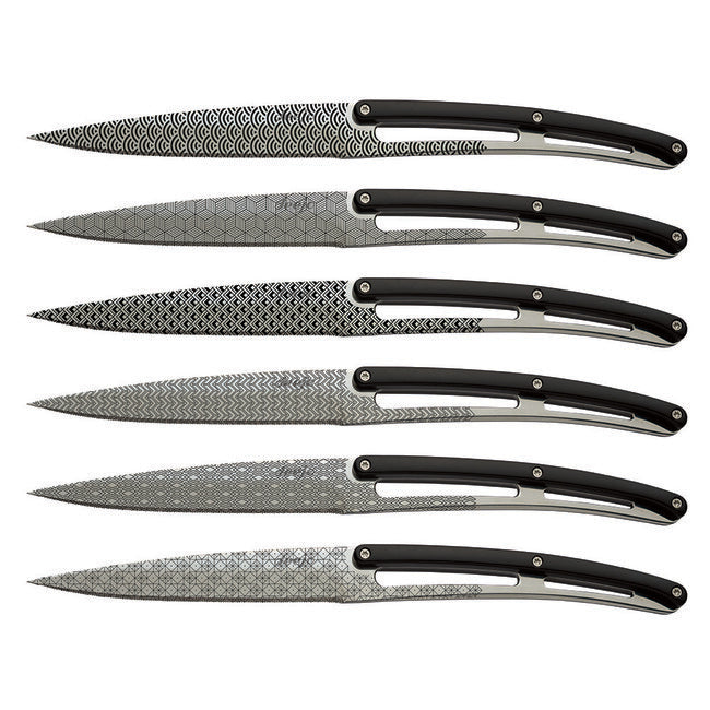 Deejo 6-Knife Set Shiny Blade Serrated Edge Black ABS Handle Geometry Design