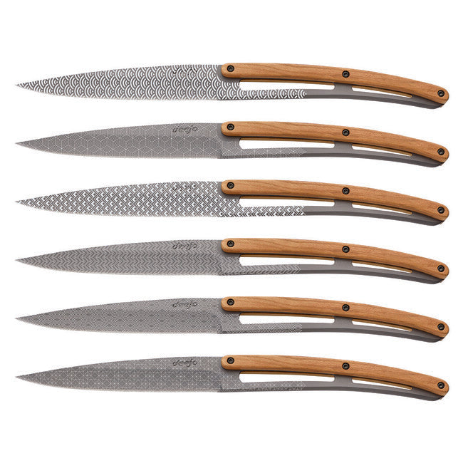 Deejo 6 Knife Set, Matte Grey Blade, Olive Wood, Geometry Design