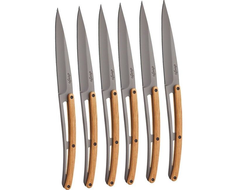 Deejo 6 Knives Table Set, Grey Titanium, Olive Wood, Serrated