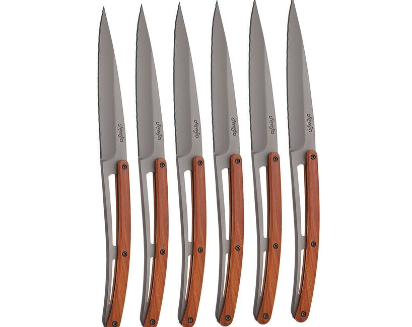 Deejo Set of 6 Table Knives, Grey Titanium, Coralwood, Serrated Edge