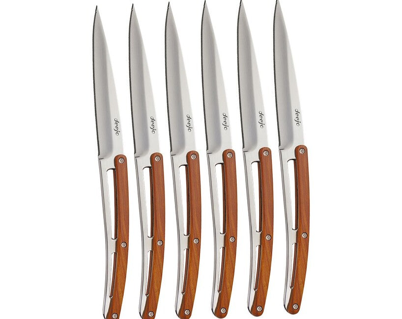 Deejo 6-Piece Table Knife Set, High Gloss Coralwood, Serrated Blade