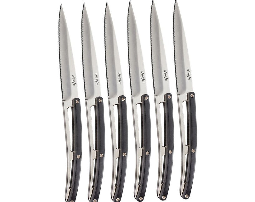 Deejo Set of 6 Table Knives High Gloss Ebony Wood Serrated Blade
