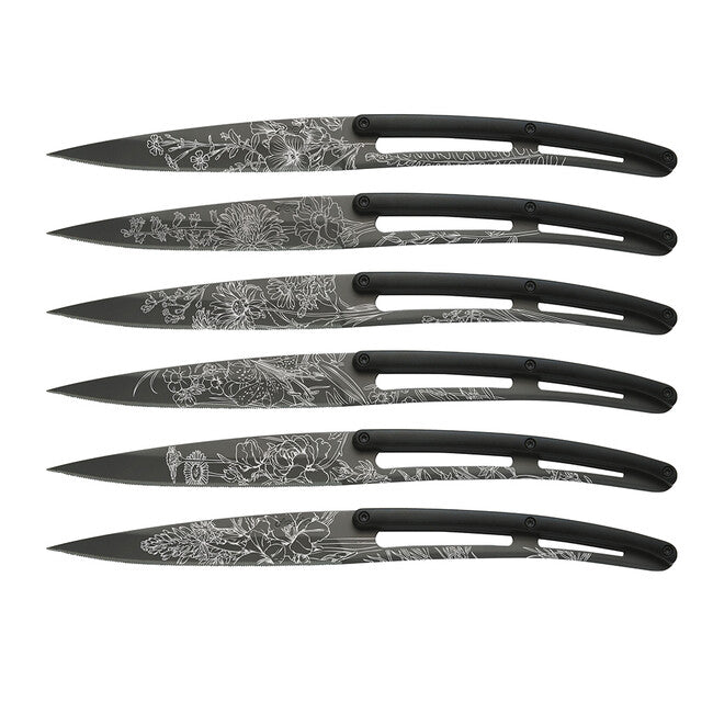 Deejo 6-Piece Steak Knife Set, Black Titan Blade, Serrated Edge, Black ABS Handle, Blossom Design