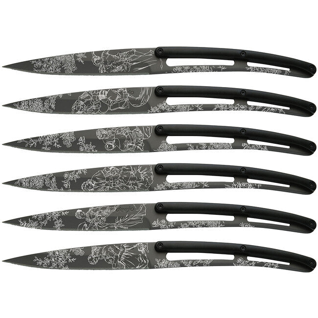 Deejo Set of 6 Steak Knives, Black Titanium Blade, Serrated Edge, Black ABS Handle, Toile de Jouy Design