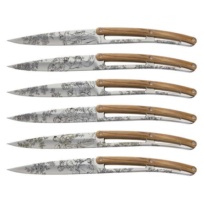Deejo 6-Piece Steak Knives Set, Polished Blade, Olive Wood, Toile de Jouy Design