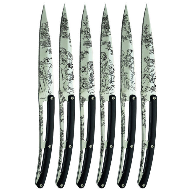 Deejo 6-Piece Steak Knife Set, Glossy Blade Serrated Edge Black ABS Handle Toile de Jouy Design