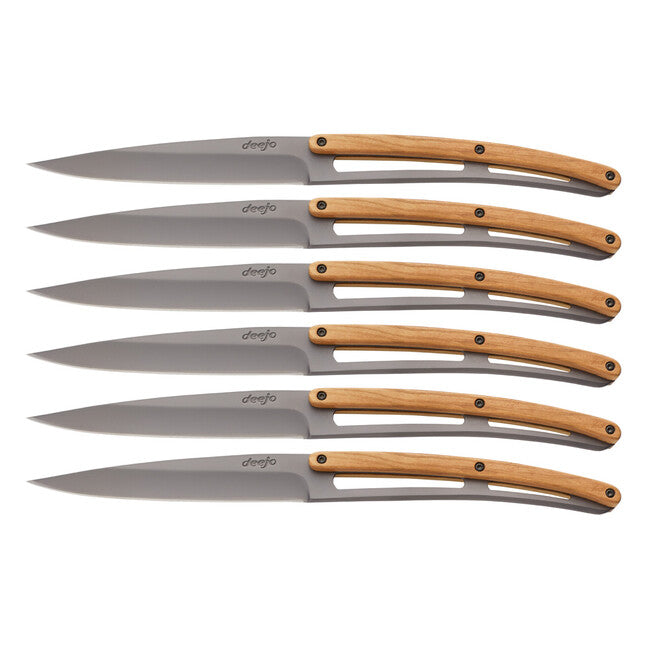 Deejo 6-Piece Steak Knife Set, Titanium Blade, Olive Wood