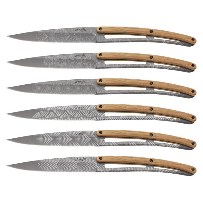 Deejo 6-Piece Steak Knife Set, Titanium Coating, Olive Wood, Art Deco Design