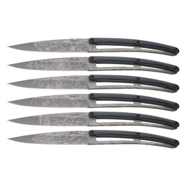 Deejo Set 6 Steak Knives, Titanium Coated, Paperstone Handle, Blossom Design
