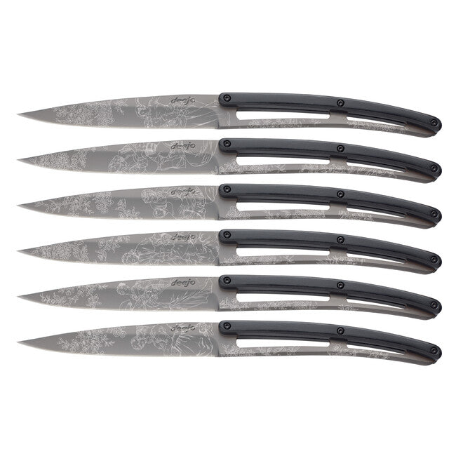 Deejo 6-Piece Steak Knife Set, Titanium Coated, Paperstone, Toile de Jouy Design
