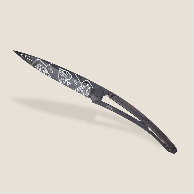 Deejo Black Tattoo Biker Folding Knife, Ebony Wood