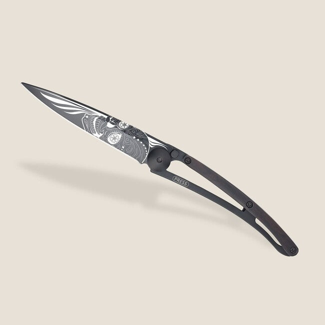 Deejo Black Tattoo Biker Folding Knife, Ebony Wood, Latino Skull