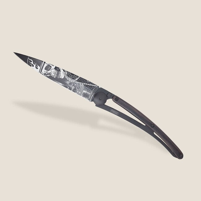 Deejo zatvárací nôž Black Tattoo biker ebony wood Ride or Die