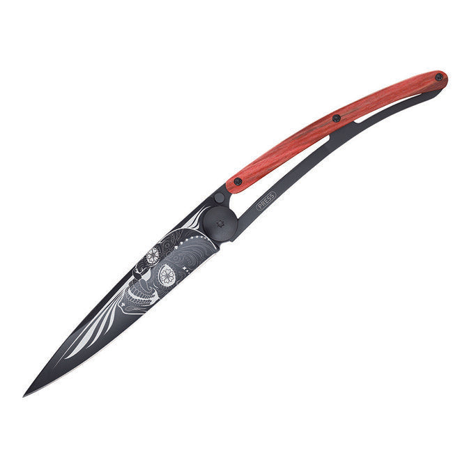 Deejo zatvárací nôž Black tattoo biker red beech Latino lebka