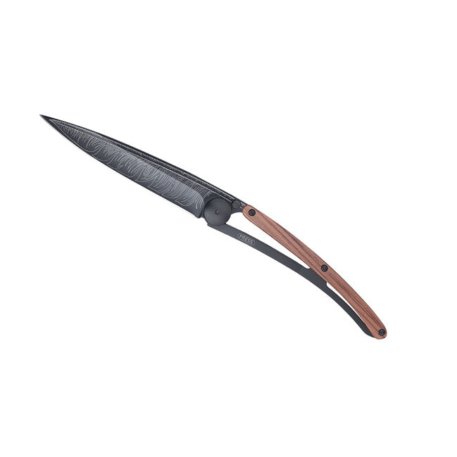 Deejo Feather Folding Knife, Black Tattoo Coralwood