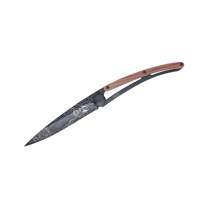 Deejo Black Tattoo Folding Knife, Coralwood Madonna