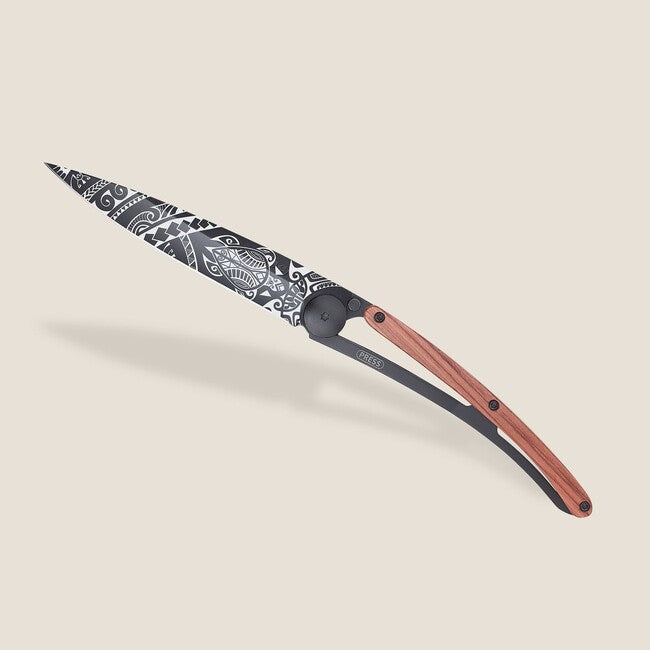 Deejo Folding Knife Black Tattoo Coralwood Polynesian