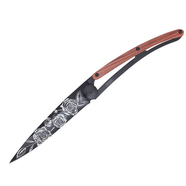 Deejo Folding Knife Black Tattoo Coralwood Roses