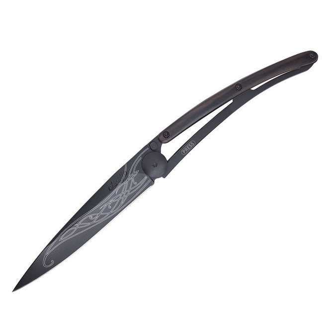 Deejo Black Tattoo Folding Knife, Ebony Wood, Elven Blade