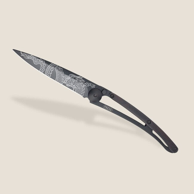 Deejo Black Tattoo Folding Knife, Ebony Wood, Japanese Dragon
