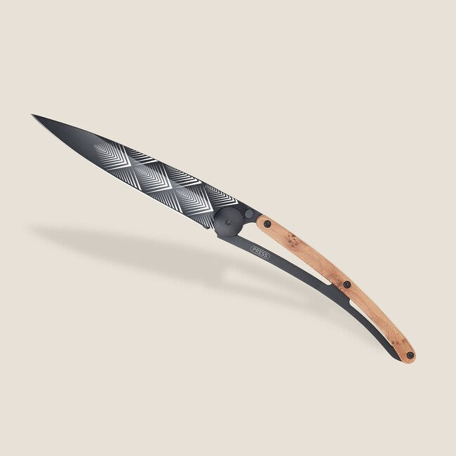 Deejo Black Tattoo Juniper Wood Folding Knife Art Déco