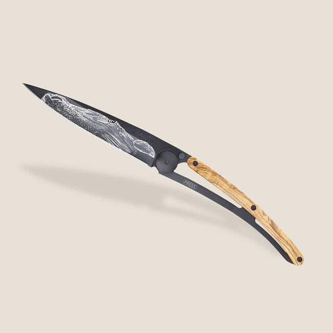 Deejo Black Tattoo Folding Knife, Olive Wood