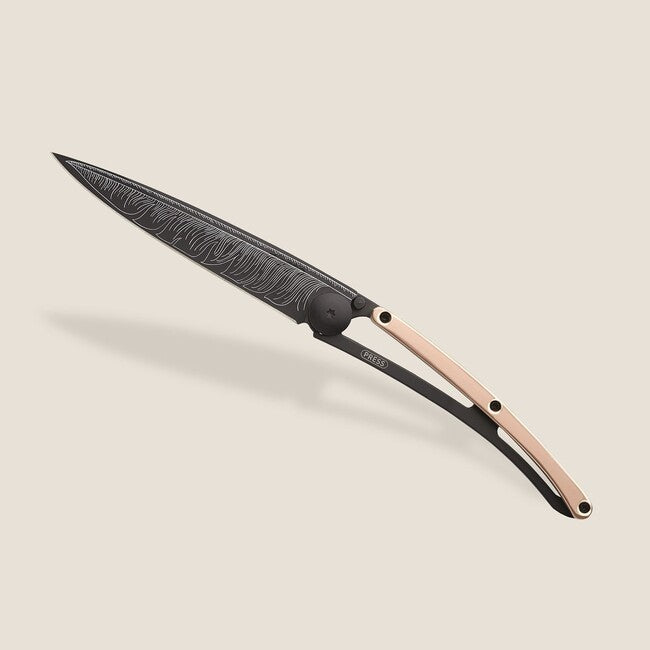 Deejo Folding Knife GOLD Tattoo 18kt Pink Gold Feather