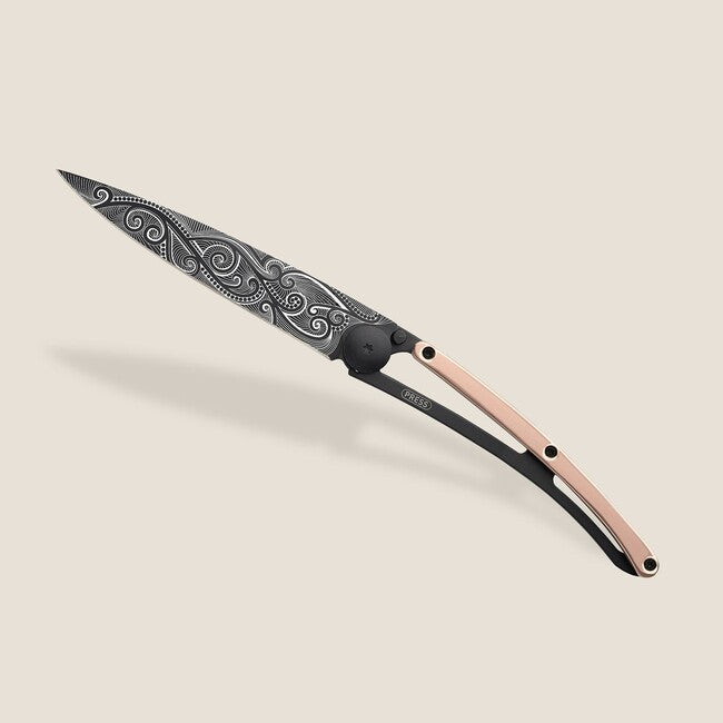 Deejo Tattoo Folding Knife, 18kt Pink Gold Pacific