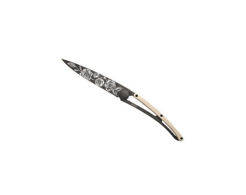 Deejo Tattoo Gold Folding Knife, 18kt Pink Gold Roses