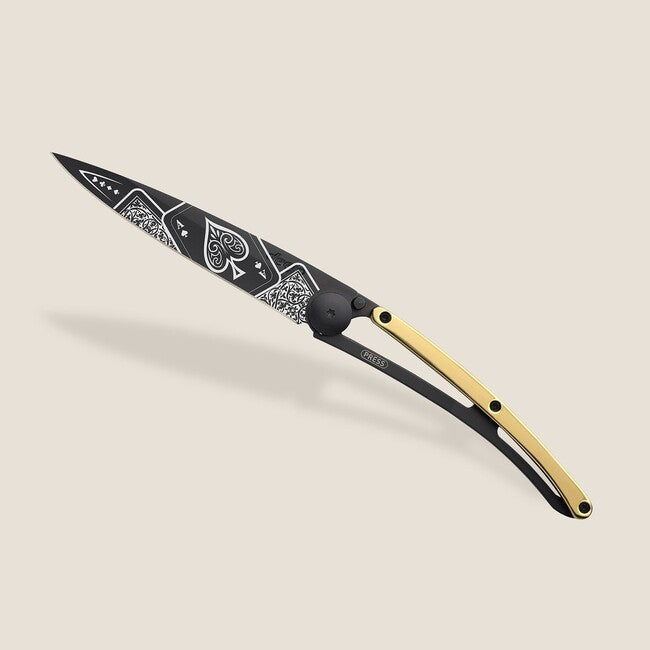 Deejo GOLD Tattoo Folding Knife, 23kt Yellow Gold, Good Luck