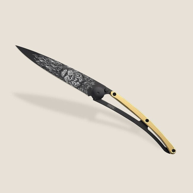 Deejo Tattoo 23kt Yellow Gold Lion Folding Knife, Gold