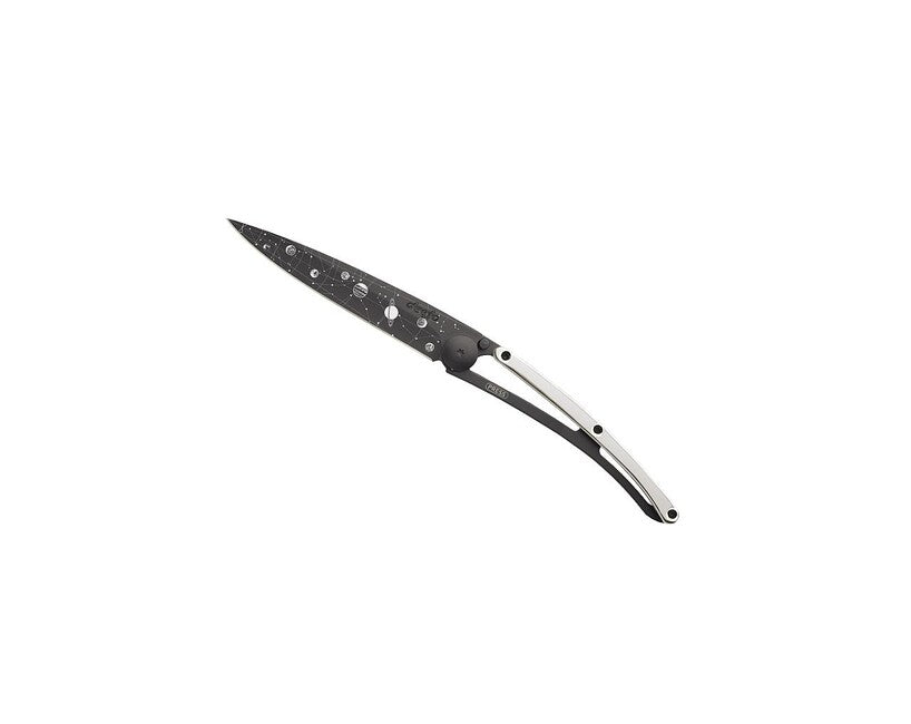 Deejo GOLD Tattoo 9k Folding Knife, White Gold Astro