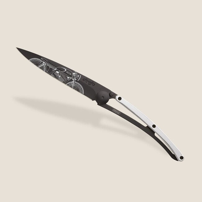 Deejo Folding Knife GOLD Tattoo 9kt White Gold Cafe Racer