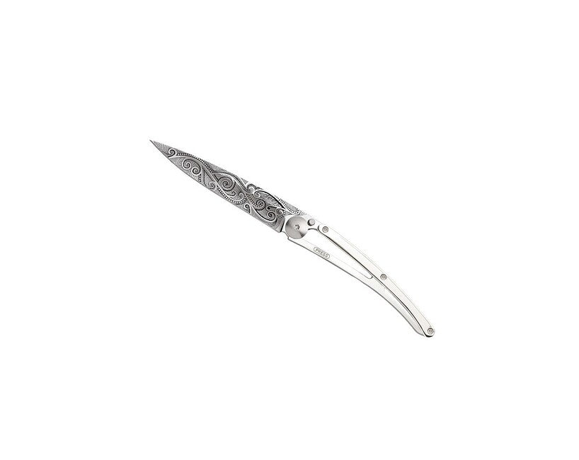 Deejo Tattoo Folding Knife, White Gold Pacific