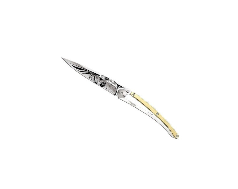 Deejo Tattoo Folding Knife GOLD Latino Skull, Yellow Gold