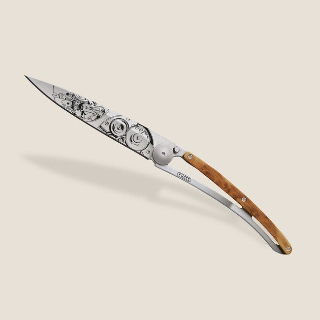 Deejo Horlogéria Folding Knife, Juniper Wood, Grey Titanium