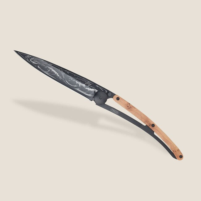 Deejo Wave Folding Knife, Black Juniper Wood, Ocean