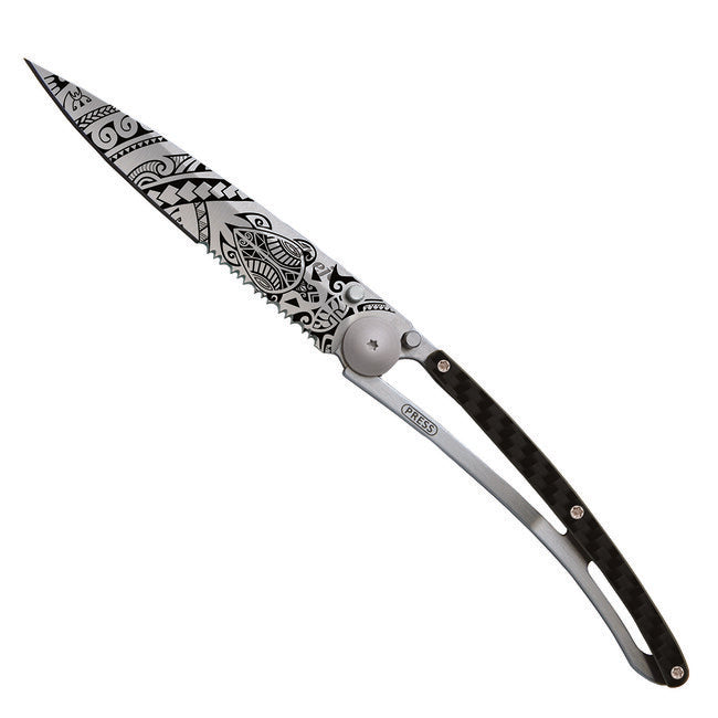 Deejo Serration Folding Knife, Carbon Fiber Polynesian