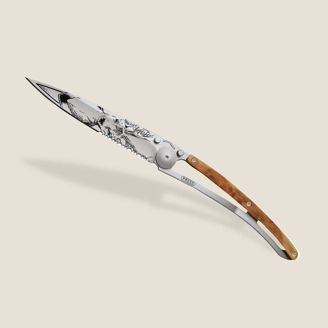 Deejo Serration Folding Knife, Titan Wood, Deer