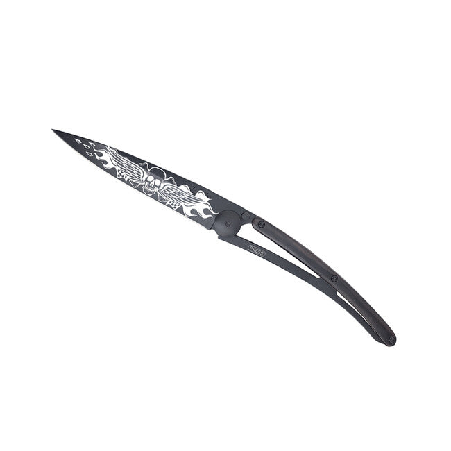 Deejo Tattoo Biker Angels Folding Knife, Black Ebony Wood