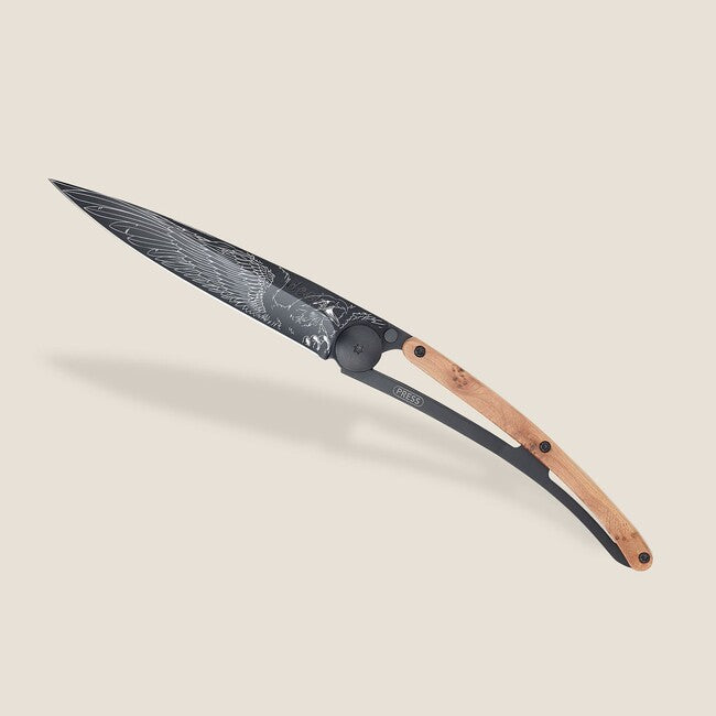 Deejo Tattoo Biker Eagle Folding Knife, Black Juniper Wood