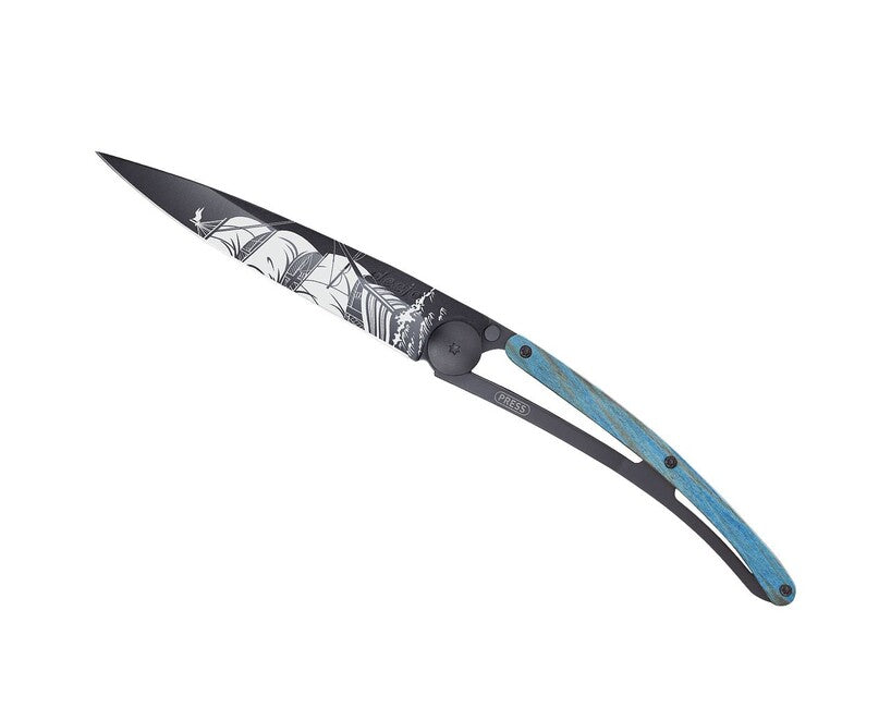 Deejo Tattoo Corsair Folding Knife, Black Blue Beech