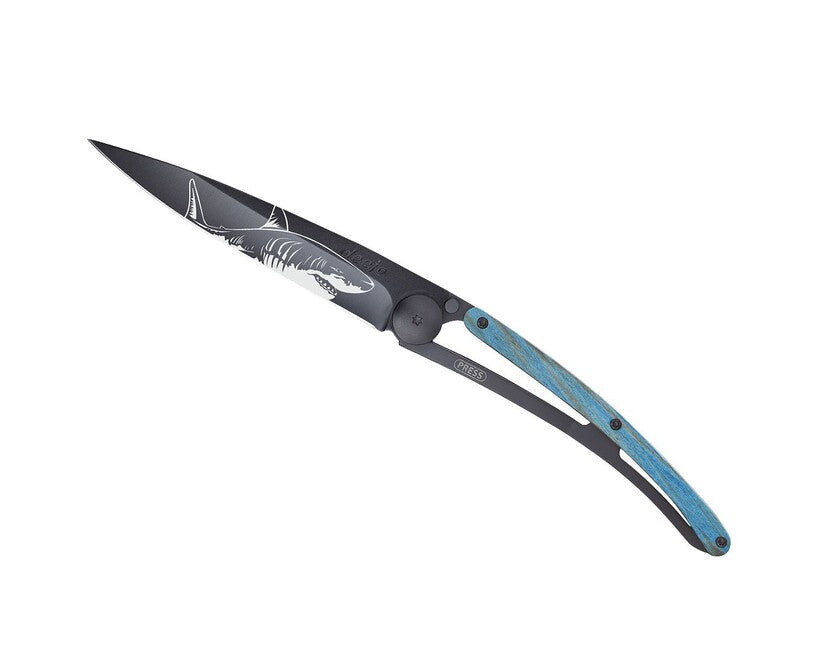 Deejo Tattoo Folding Knife, Black Blue Beech Shark