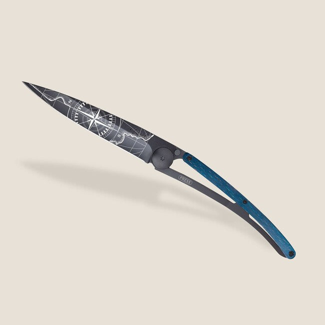 Deejo Tattoo Folding Knife, Black Blue Beech Terra Incognita