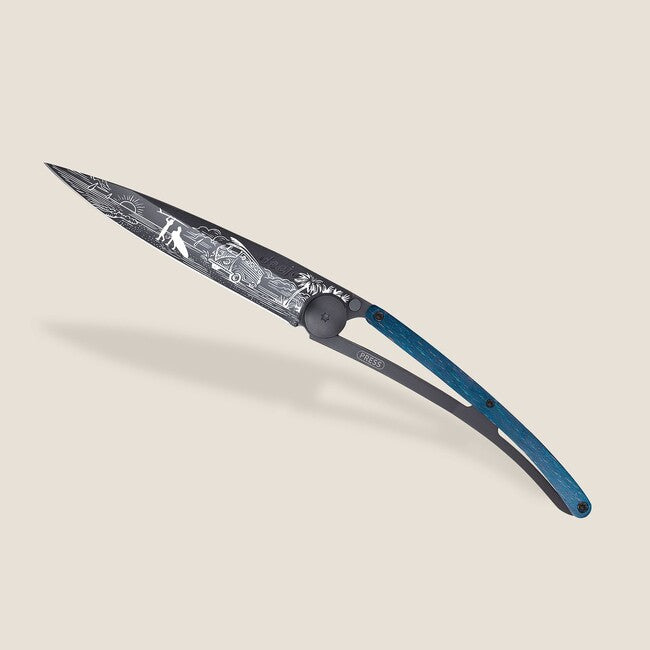Deejo Tattoo Van Life Folding Knife, Black Blue Beech