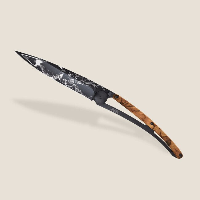 Deejo Tattoo Folding Knife, Black Brown Camo Deer