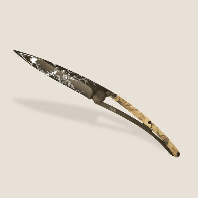 Deejo Tattoo Folding Knife, Black Brown Camo, Deer