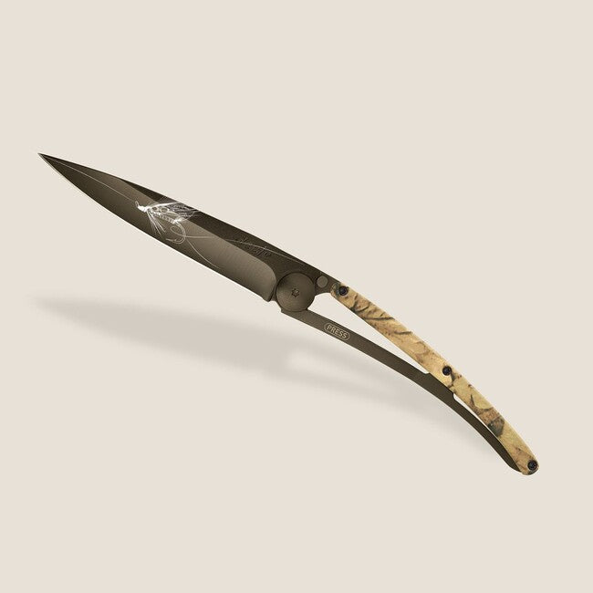 Deejo Tattoo Folding Knife, Black Brown Camo, Silver Wilkinson