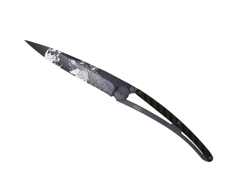 Deejo Tattoo Folding Knife, Black Carbon Howling
